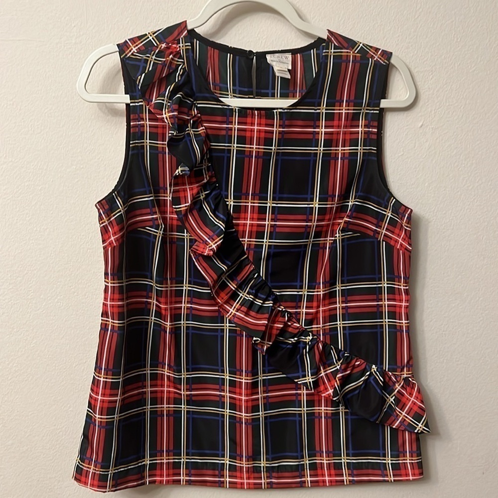 J. Crew Ruffled Sleeveless Black and Red Blouse 310